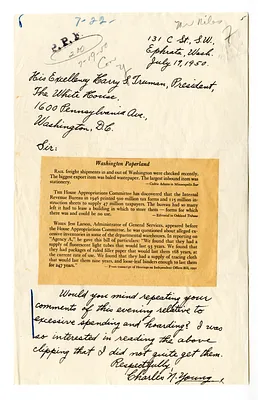 Letter from Charles N. Young to President Harry S. Truman with Attached Newspaper Clipping