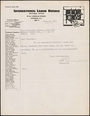 James P. Cannon (International Labor Defense) typed note signed to Sacco-Vanzetti Defense Committee, Chicago, Ill., February 15, 1927