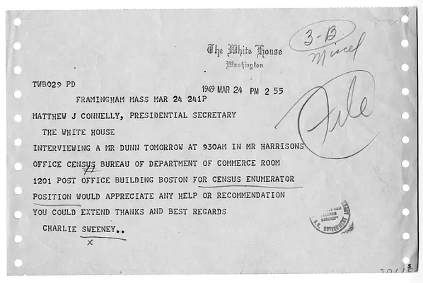 Telegram from Charlie Sweeney to Matthew Connelly