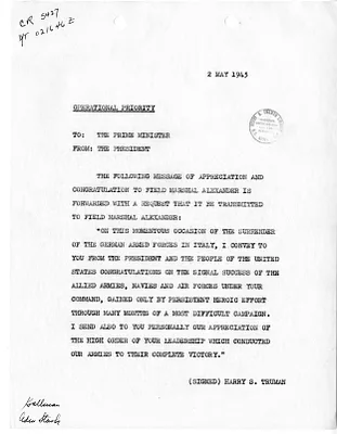 Telegram from President Harry S. Truman to Prime Minister Winston Churchill