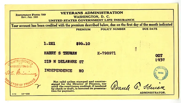 Insurance Premium Notice for Harry S. Truman, United States Veterans Administration
