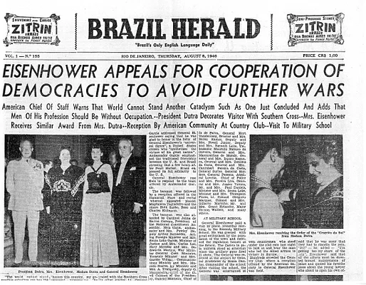 Newspaper Clipping, Brazil Herald, "Eisenhower Appeals for Cooperation of Democracies to Avoid Further Wars"