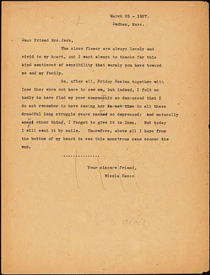 Nicola Sacco typed letter (copy) to Katherine B. Codman, [Dedham], 27 March 1927