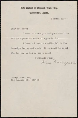 Felix Frankfurter typed note signed to Joseph Moro, Cambridge, Mass., March 9, 1927