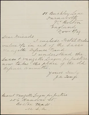 J. A. Tonge autograph note to Sacco & Vanzetti League for Justice, N. Bolton, England, November 8, 1927