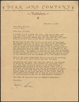 Joseph Dean typed letter signed to Mary Donovan, New York, N. Y., December 6, 1927