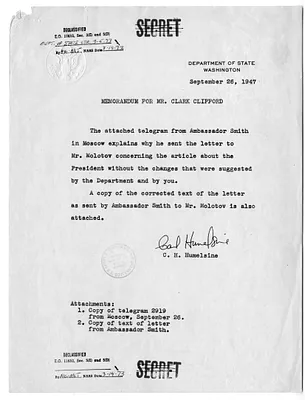Memorandum from Carlisle Humelsine to Clark Clifford, with Attached Telegram from Walter Bedell Smith to Secretary of State George Marshall