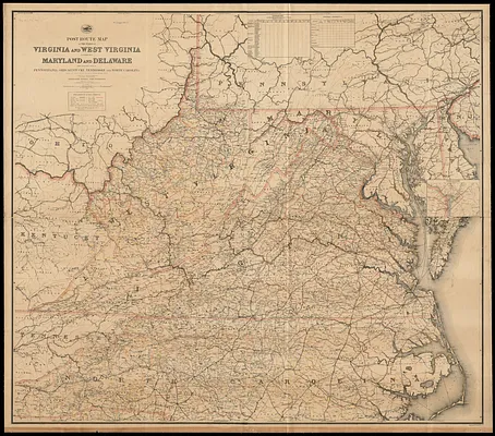 Post route map of the states of Virginia and West Virginia together with Maryland and Delaware with adjacent parts of Pennsylvania, Ohio, Kentucky, Tennessee and North Carolina