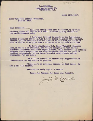 Joseph M. Coldwell typed letter signed to Sacc-Vanzetti Defense Committee, Providence, R.I., April 28, 1927