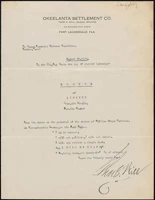 Thomas E. Will (Okeelanta Settlement Co.) typed letter signed to Sacco-Vanzetti Defense Committee, Fort Lauderdale, Fla., approximately August 1927?