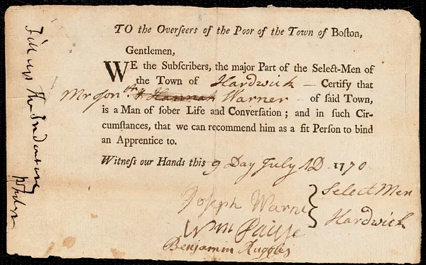 Margaret [Margarett] Burton indentured to apprentice with Jonathan Warner of Hardwick, 1 November 1770