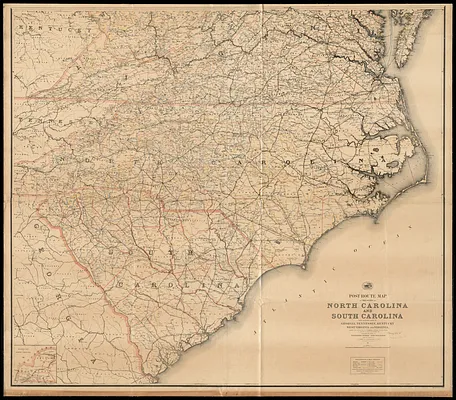 Post route map of the states of North Carolina and South Carolina with adjacent parts of Georgia, Tennessee, Kentucky, West Virginia and Virginia