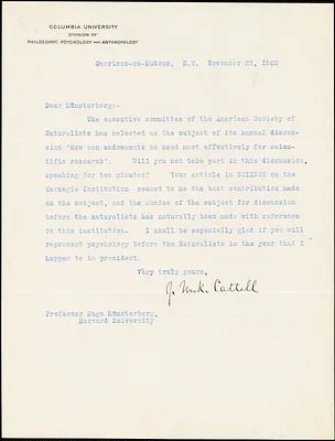 Cattell, James McKeen, 1860-1944 typed letter signed to Hugo Münsterberg, Garrison-on-Hudson, 22 November 1902
