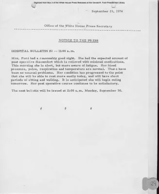 Hospital Bulletin #2, Mrs. Ford's Condition [Notice to Press]