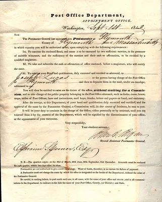 Letter of Appointment as Postmaster to Ephraim Spooner (1804-1887) Sept. 1 1843