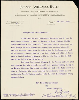 Meiner, Arthur, 1865-1952 typed letter signed to Hugo Münsterberg, Leipzig, Ger., 24 June 1912