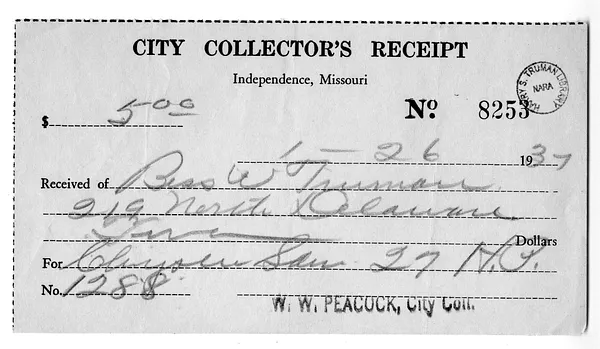 City Collector's Receipt Issued to Bess W. Truman