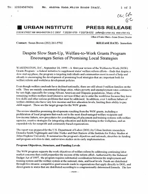 Welfare - Work - 3 Billion Dollar Imitative - Urban Study