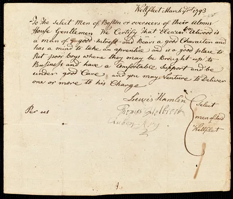 Thomas Holden indentured to apprentice with Eleazer [Elezer] Atwood, Jr. of Wellfleet, 5 May 1793