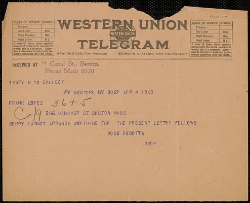 Rose Pesotta telegram to Frank R. Lopez, New York, N.Y., April 4, 1923