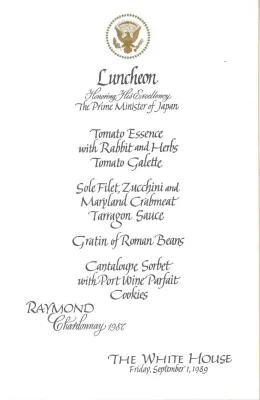 Cards-Menus, Luncheon, Honoring His Excellency The Prime Minister of Japan, The White House, September 1, 1989