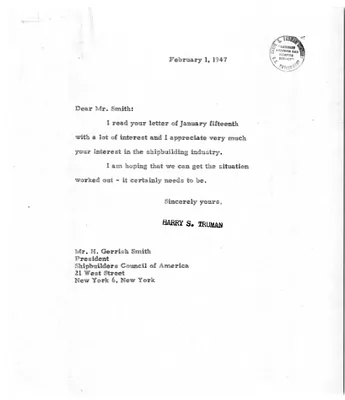Letter from H. Gerrish Smith to President Harry S. Truman