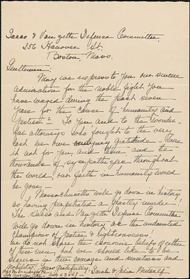 Sarah and Julia Metcalf autograph letter signed to Sacco-Vanzetti Defense Committee, Los Angeles, Calif., August 23, 1927