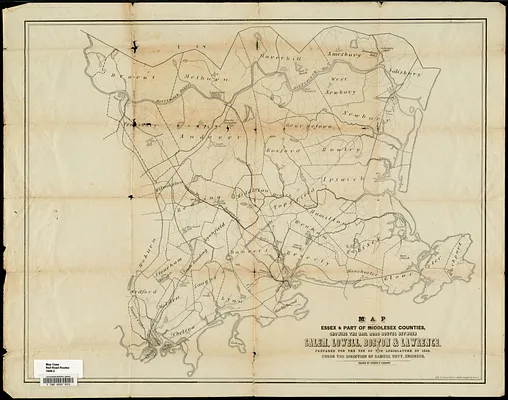 Map of parts of Essex & part of Middlesex counties, showing the rail road routes between Salem, Lowell, Boston & Lawrence