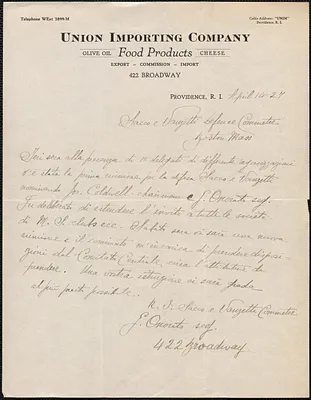 G. Onorato (Rhode Island Sacco and Vanzetti Defense Committee) autograph note signed, in Italian, to Sacco-Vanzetti Defense Committee, Providence, R.I., April 14, 1927