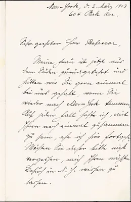 Burmeister, R., fl. 1903 autograph letterS to Hugo Münsterberg, New York, 02 March 1903
