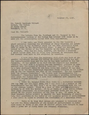 [Creighton J. Hill] typed letter (copy) to Oswald Garrison Villard (The Nation), Newton, Mass., October 17, 1927