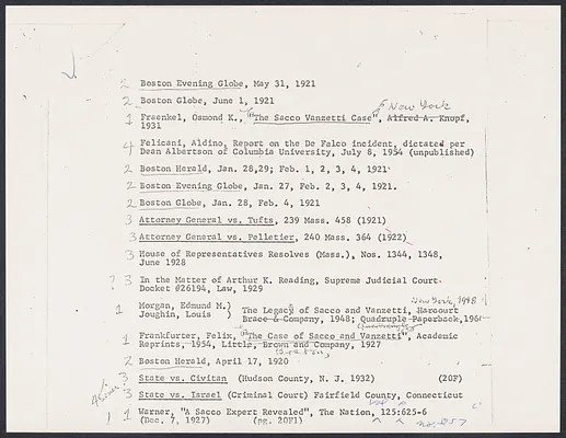 Herbert Brutus Ehrmann Papers, 1906-1970. Sacco-Vanzetti. Schedules. Box 4, Folder 12, Harvard Law School Library, Historical & Special Collections