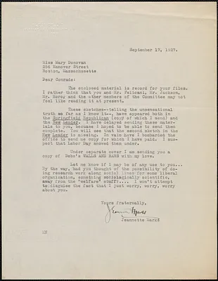Jeannette Marks typed letter signed to Mary Donovan, Westport, N. Y., September 17, 1927