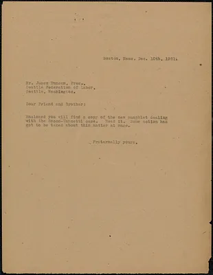 Sacco-Vanzetti Defense Committee typed note (copy) to James A. Duncan (Seattle Federation of Labor), Boston, Mass., December 10, 1921