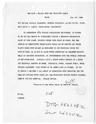 Cable from Edwin Pauley to General Douglas MacArthur