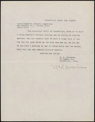 W. S. Hutchins (Socialist Party of Greenfield, Mass) typed note signed to Sacco-Vanzetti Defense Committee, Greenfield, Mass., May 8, 1927