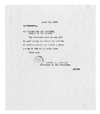 Memorandum from Matthew Connelly to the Director of the Bureau of the Budget