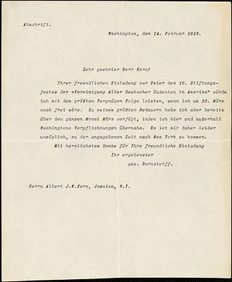 Bernstorff, Johann Heinrich, Graf von, 1862-1939 typed letter signed to Hugo Münsterberg, Washington, D.C., 14 February 1912