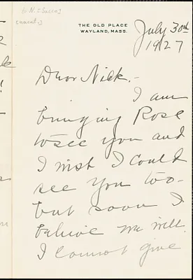Jessica Henderson autographed letter signed to Nicola Sacco, Wayland, 30 July 1927