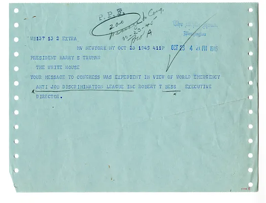 Telegram from the Anti-Job Discrimination League, Inc. to President Harry S. Truman