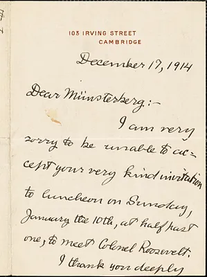 Royce, Josiah, 1855-1916 autograph letter signed to Hugo Münsterberg, Cambridge, Mass., 17 December 1914