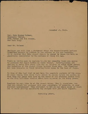Sacco-Vanzetti Defense Committee typed letter (copy) to Rev. John Haynes Holmes, (Community Church, New York), Boston, Mass., December 21, 1921