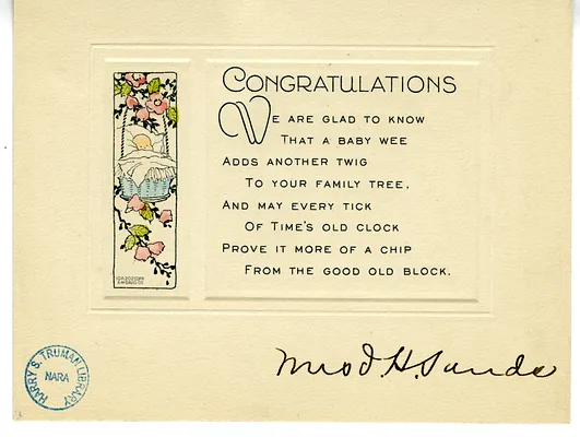 Baby Card from Mrs. Irving Sands to Bess W. Truman