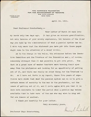 Pritchett, Henry S. (Henry Smith), 1857-1939 typed letter signed to Hugo Münsterberg, New York, 19 April 1910