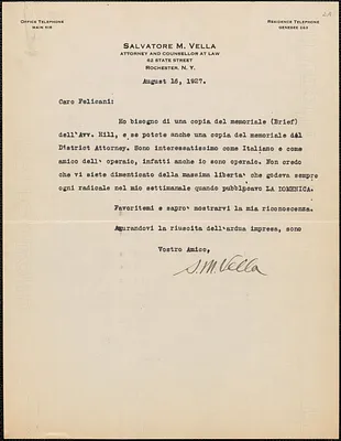 Salvatore M. Vella typed letter signed, in Italian, to Aldino Felicani, Rochester, N. Y., August 16, 1927