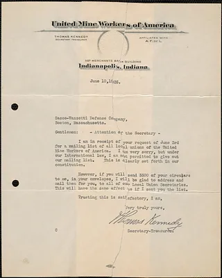 Thomas Kennedy (United Mine Workers of America) typed letter signed to Sacco-Vanzetti Defense Committee, Indianapolis, Ind., June 10, 1925