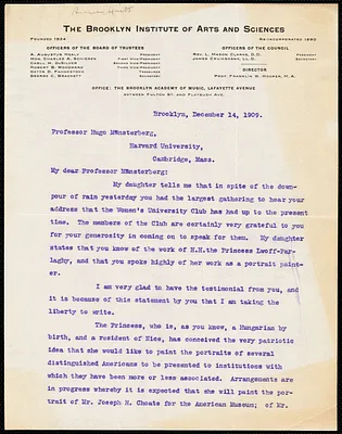 Hooper, Franklin William, 1851-1914 typed letter signed to Hugo Münsterberg, Brooklyn, N.Y., 14 December 1909
