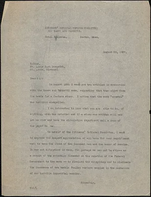 [Thomas O'Connor] (Citizens National Committee for Sacco and Vanzetti) typed letter (copy) to Editor, St. Louis Post-Dispatch, Boston, Mass., August 25, 1927