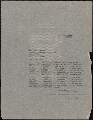 Sacco-Vanzetti Defense Committee typed letter copy) to Ed Delaney (General Defense Committee, Washington Branch), Boston, Mass., February 17, 1927