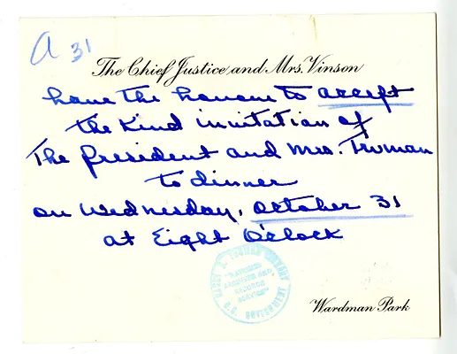 Invitation Reply, Chief Justice and Mrs. Fred Vinson to the White House Social Office